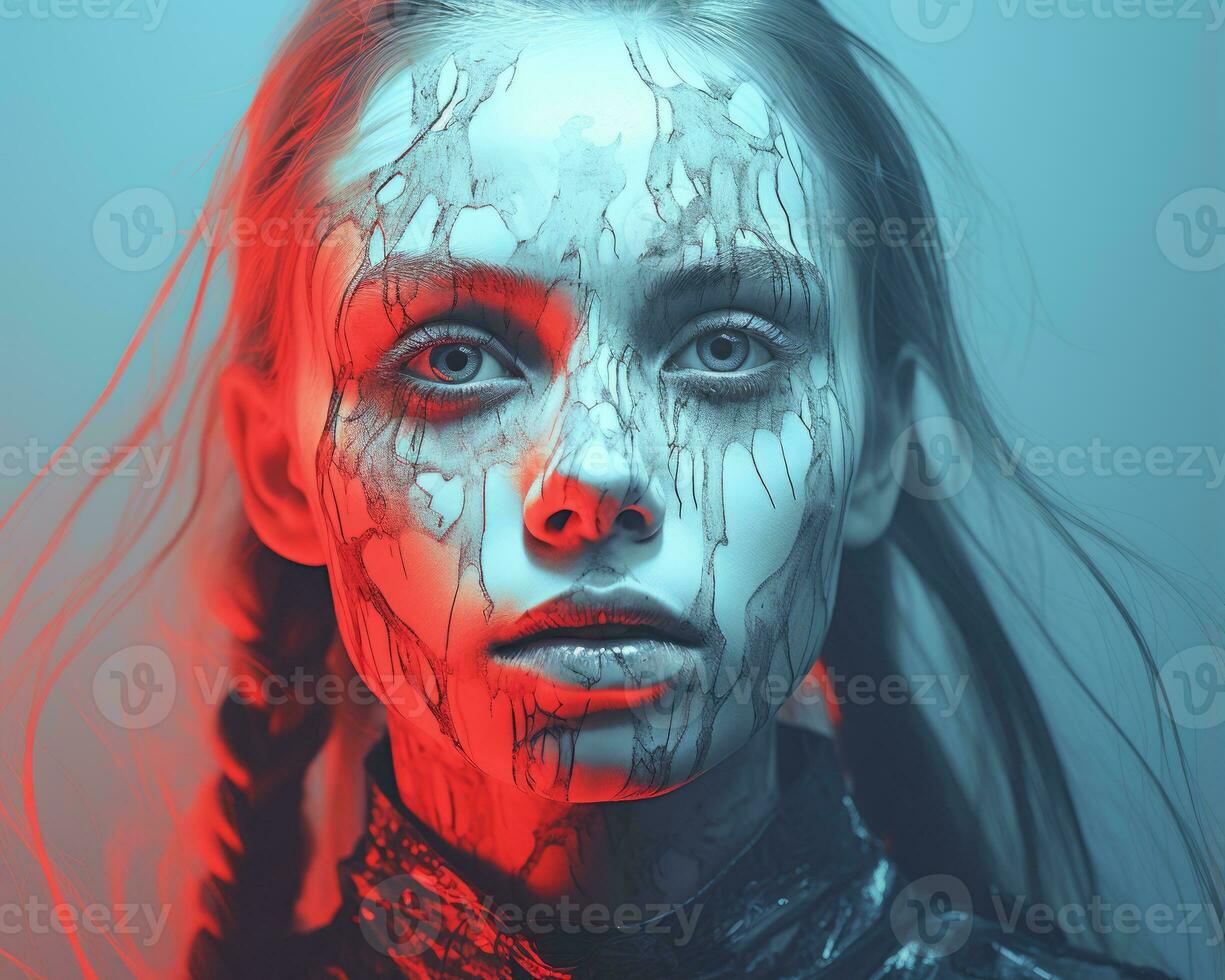 a woman with paint on her face and a red and blue background generative ai photo
