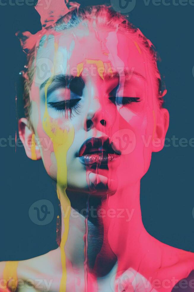 a woman with paint dripping down her face generative ai photo