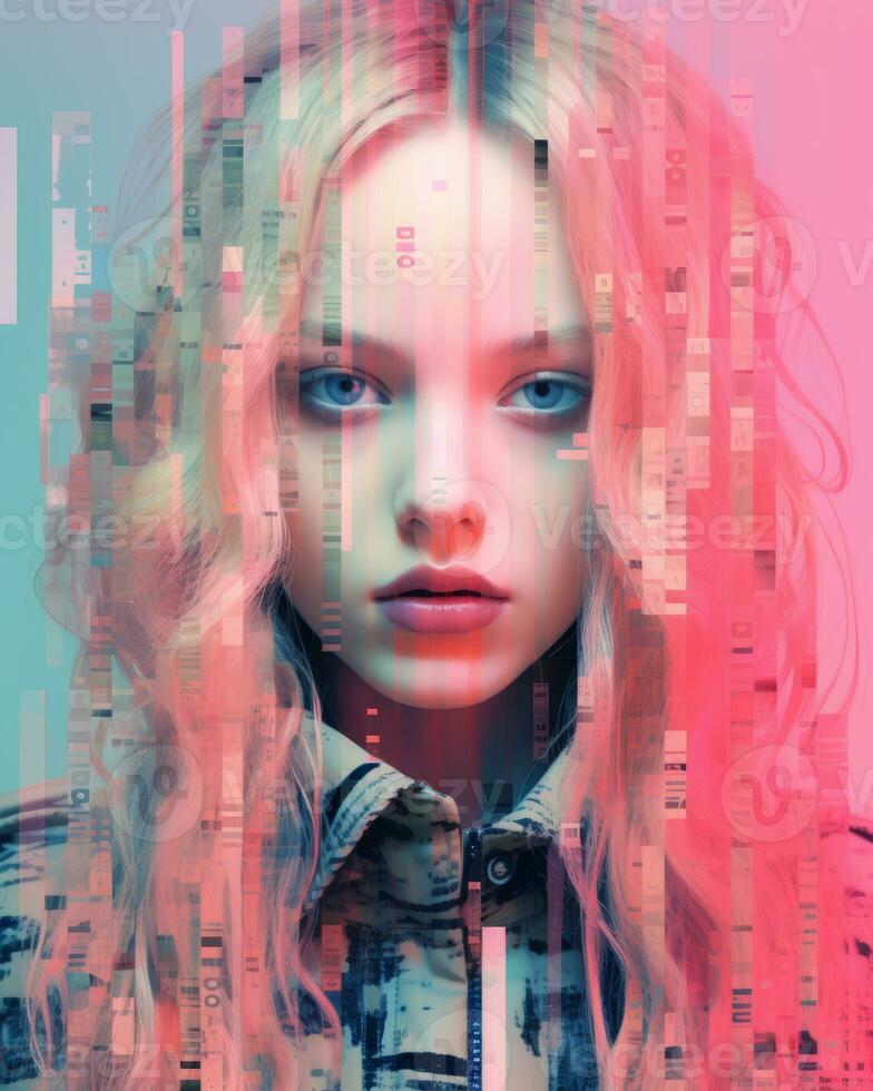 a woman with pink and blue hair in front of an abstract background generative ai photo