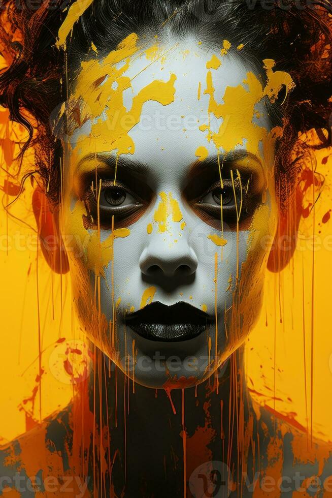 a woman with paint splatters on her face generative ai photo