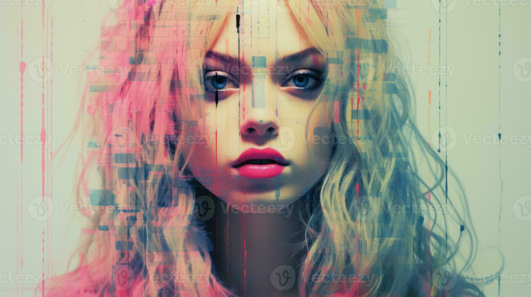 a woman with pink and blue hair is in front of an abstract background generative ai photo