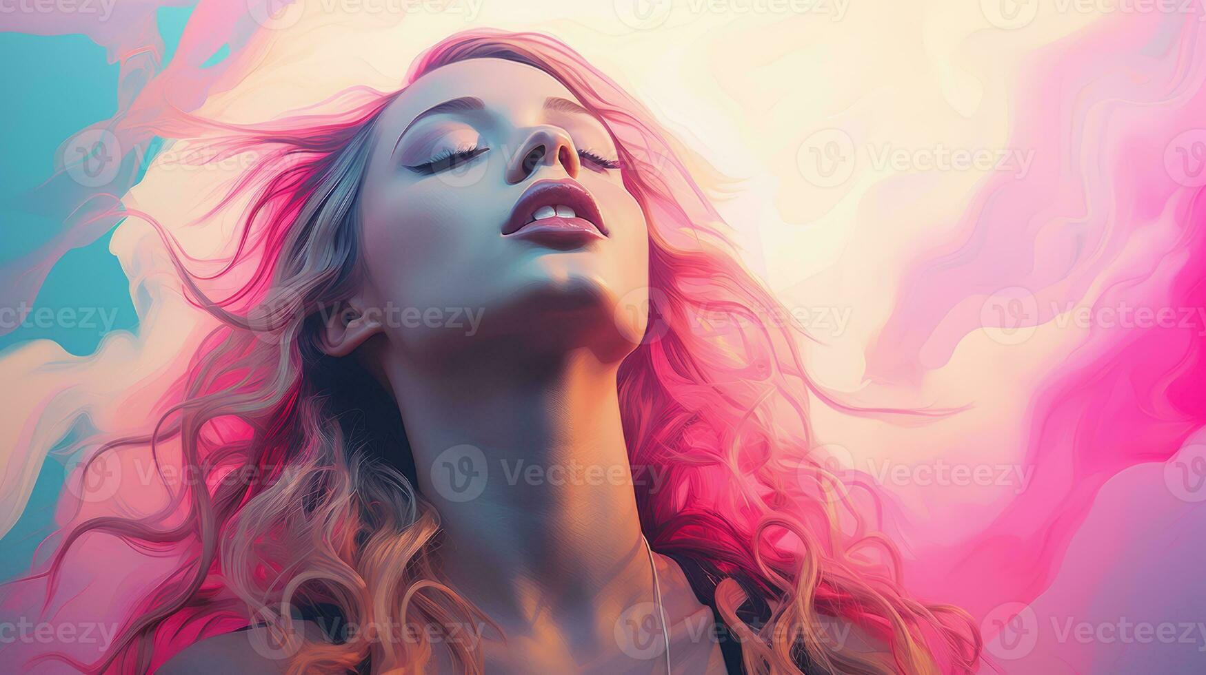 a woman with pink and blue hair in front of a colorful background generative ai photo