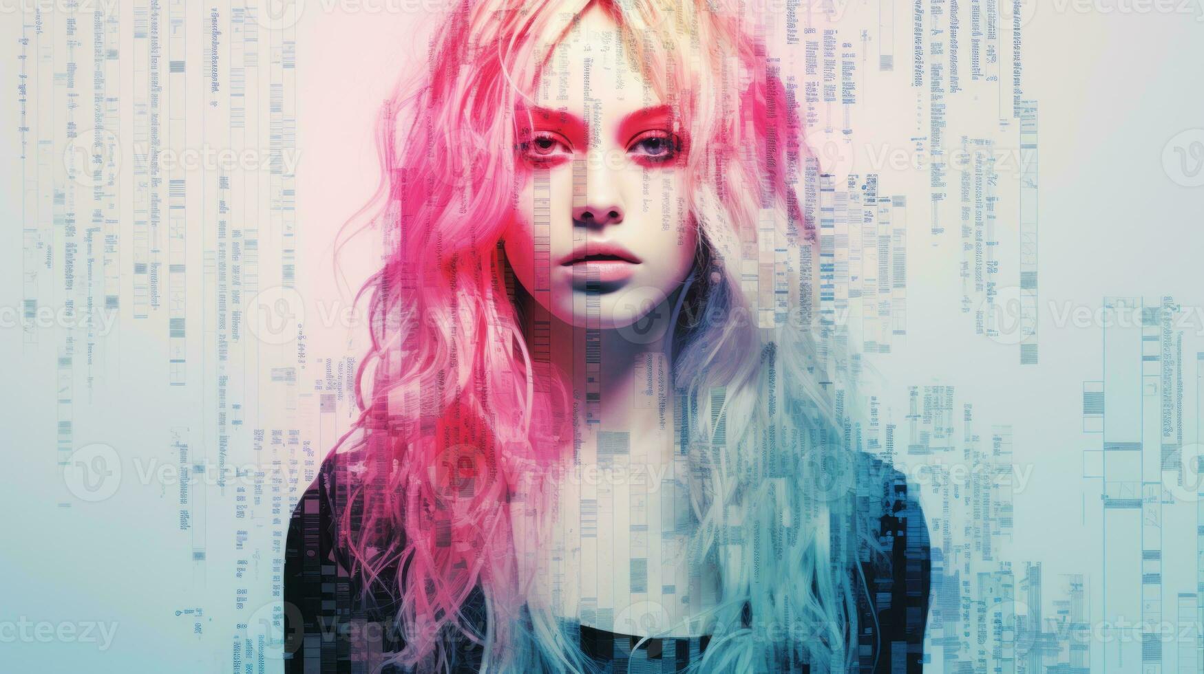 a woman with pink and blue hair standing in front of a computer screen generative ai photo