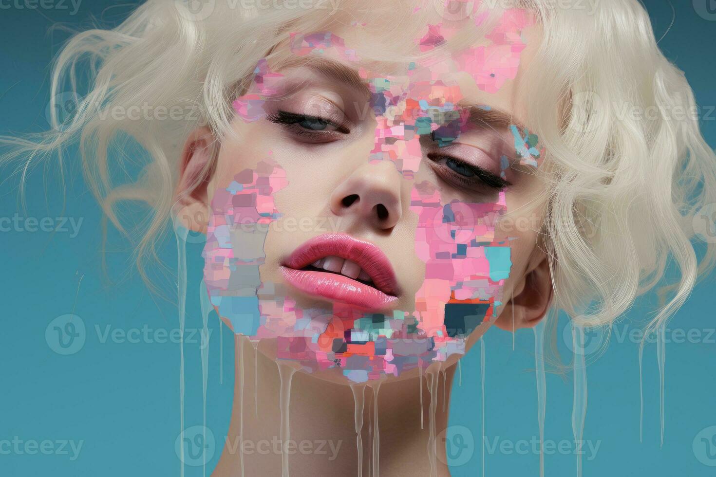 a woman with pink and blue makeup on her face generative ai photo