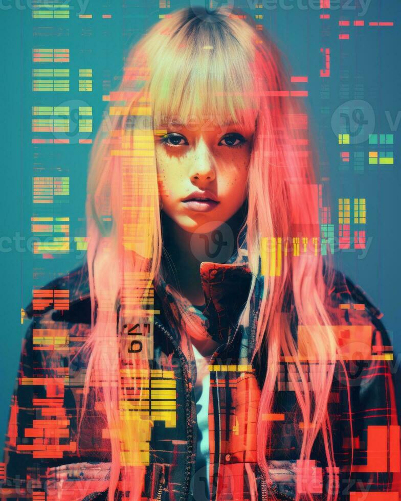 a woman with pink hair and a jacket in front of a colorful background generative ai photo
