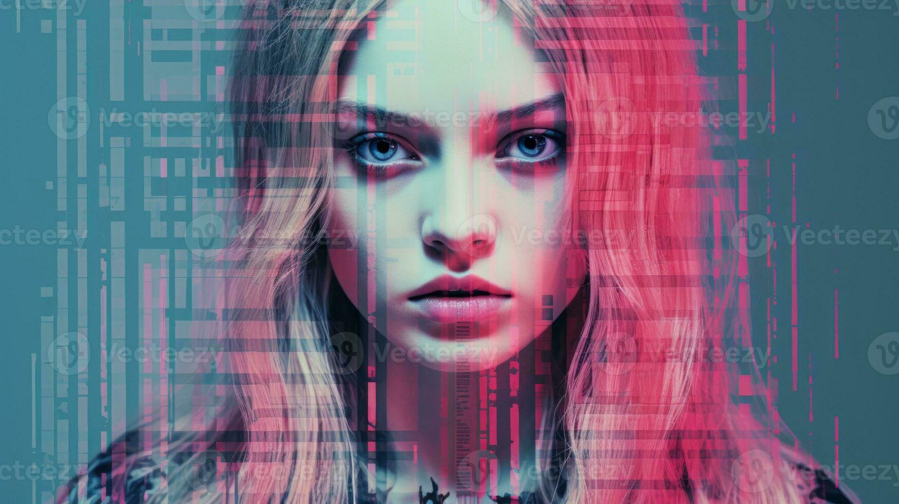a woman with pink hair and blue eyes in front of a computer screen generative ai photo