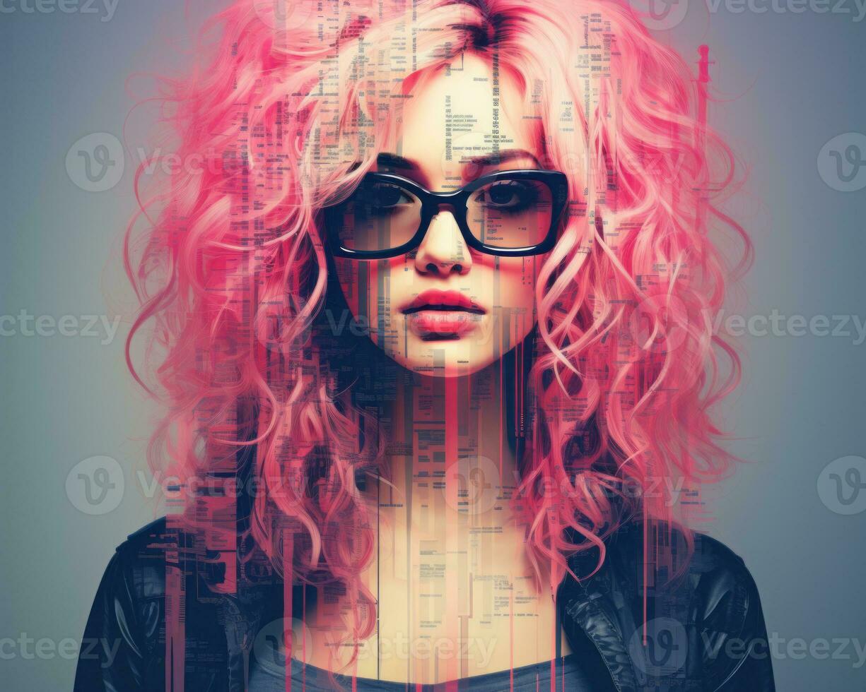 a woman with pink hair and glasses generative ai photo