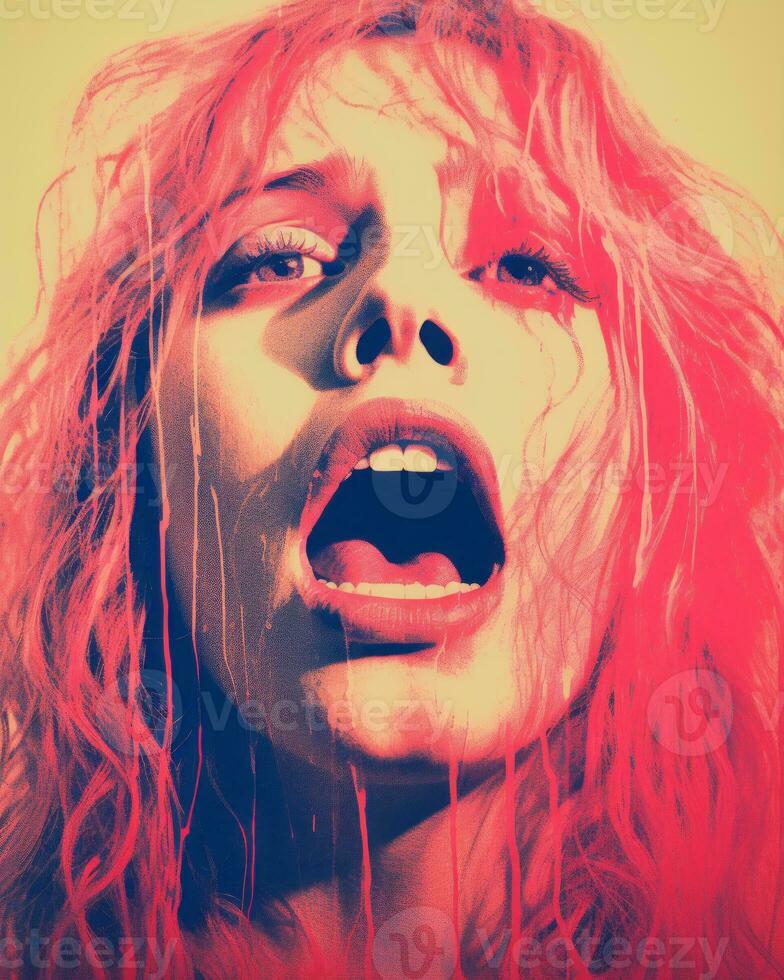 a woman with pink hair and red lipstick is making a face with her mouth open generative ai photo