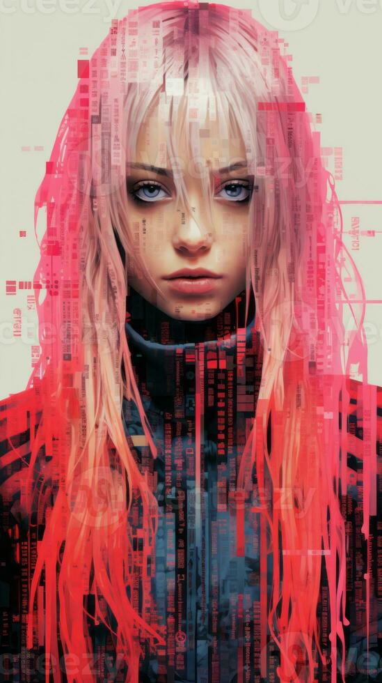 a woman with pink hair and red hair standing in front of a computer screen generative ai photo