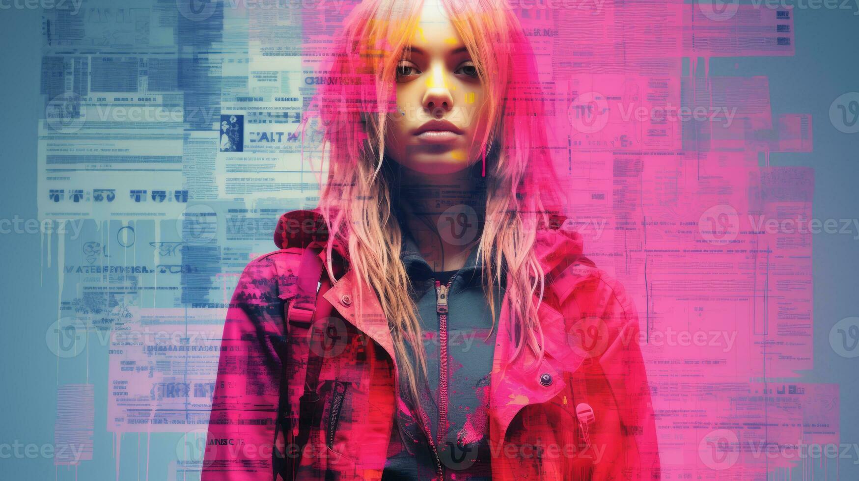 a woman with pink hair and red jacket standing in front of a computer screen generative ai photo