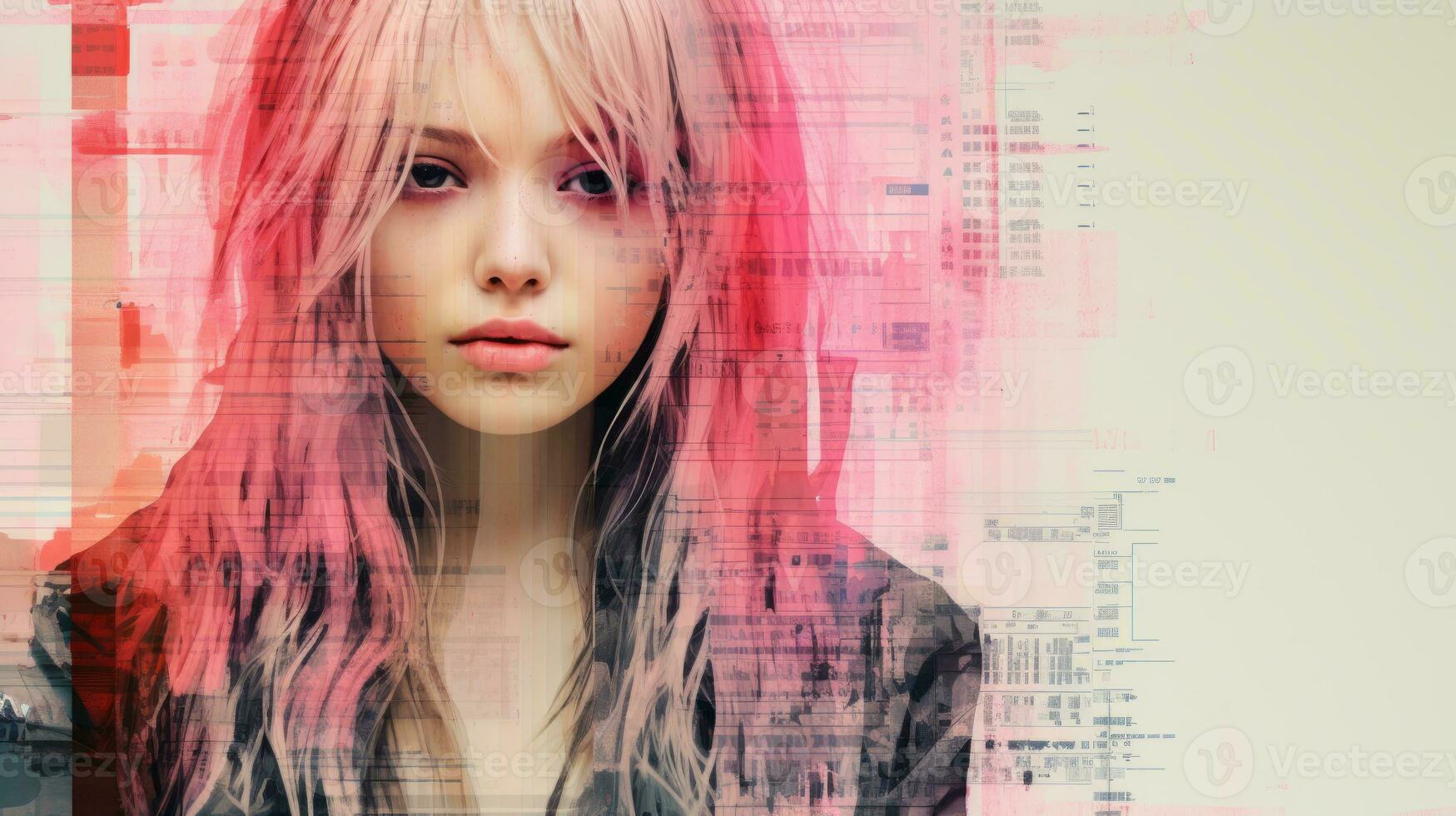 a woman with pink hair is in front of a computer screen generative ai photo