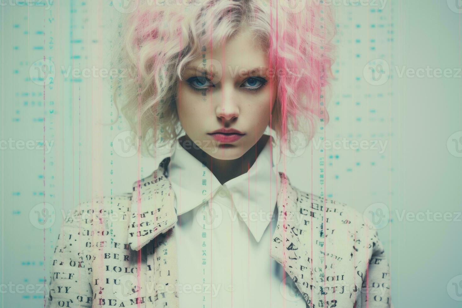 a woman with pink hair standing in front of a computer screen generative ai photo