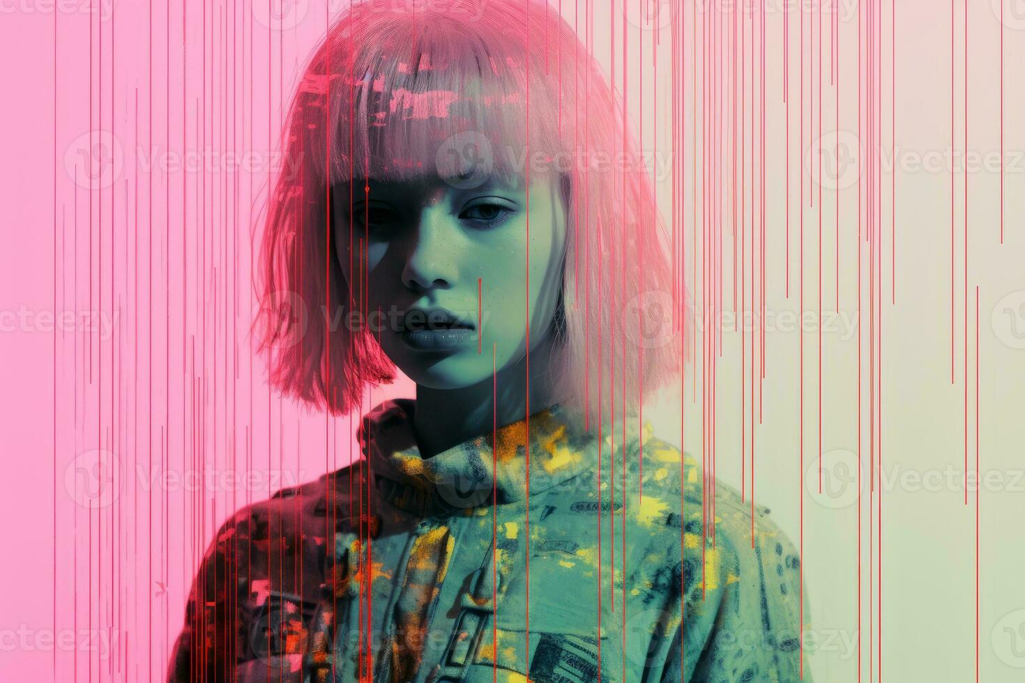 a woman with pink hair standing in front of a pink background generative ai photo