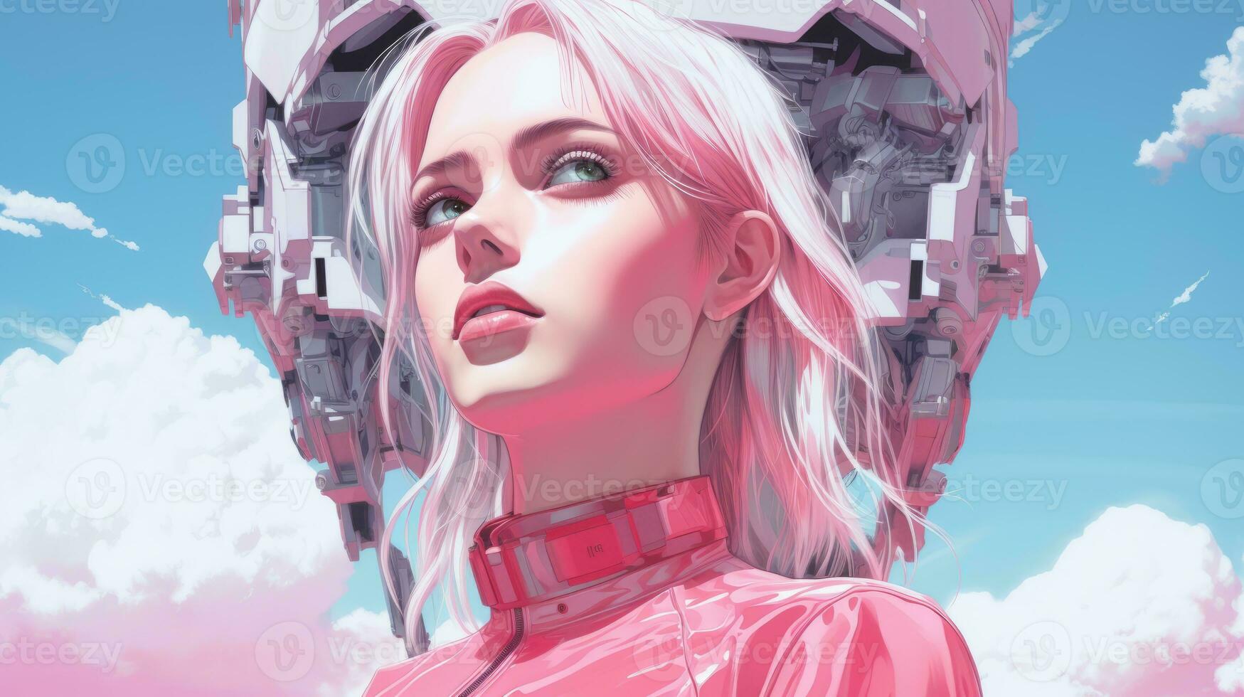 a woman with pink hair standing in front of a spaceship generative ai photo