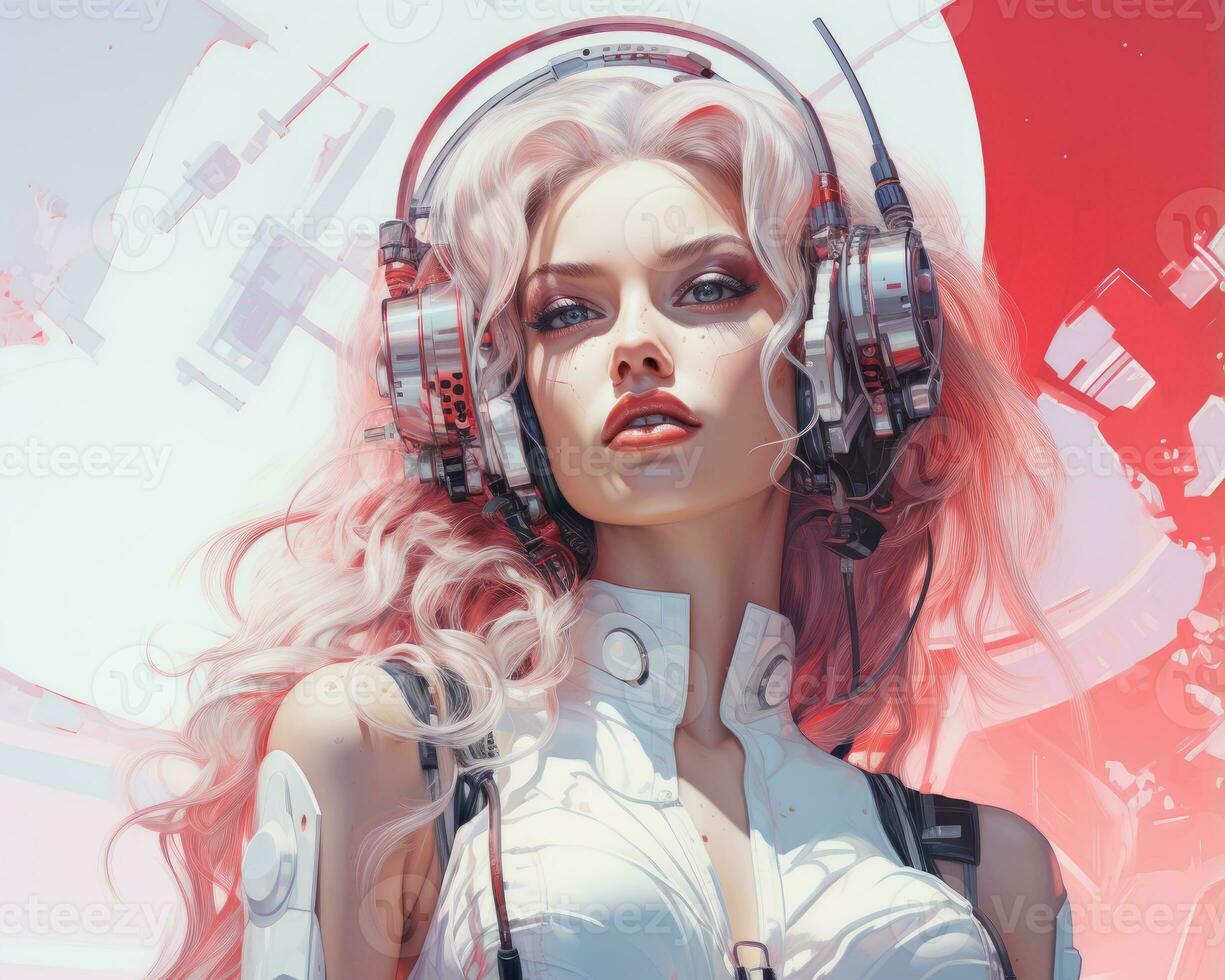 a woman with pink hair wearing headphones generative ai photo