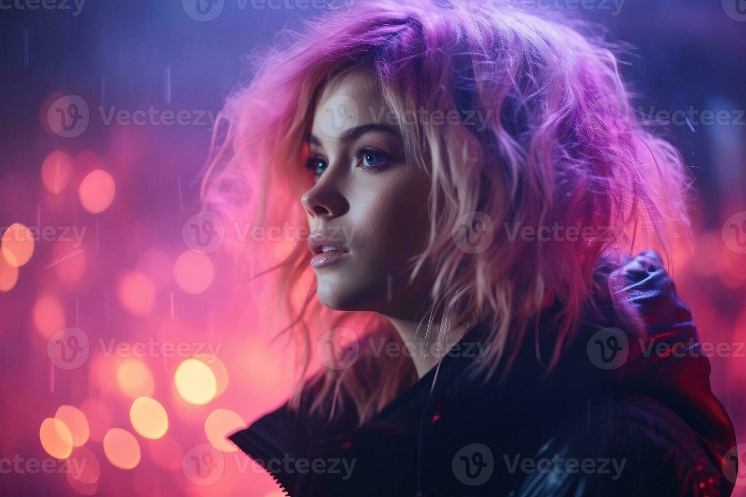 a woman with pink hair standing in the rain generative ai photo