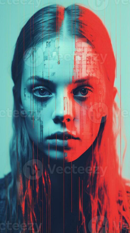 a woman with red and blue lines on her face generative ai photo