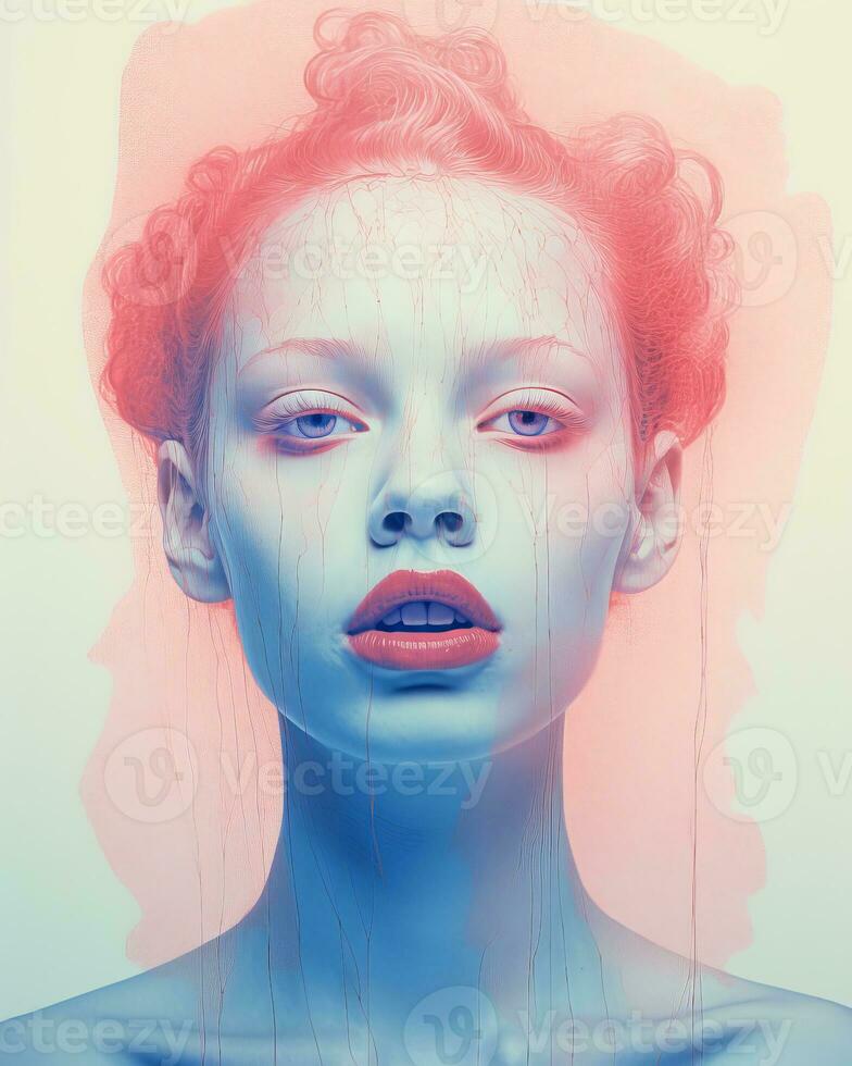 a woman with red and blue paint on her face generative ai photo