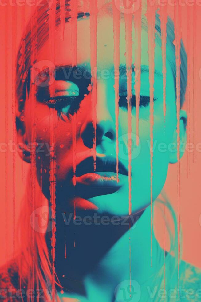 a woman with red and blue paint dripping down her face generative ai photo