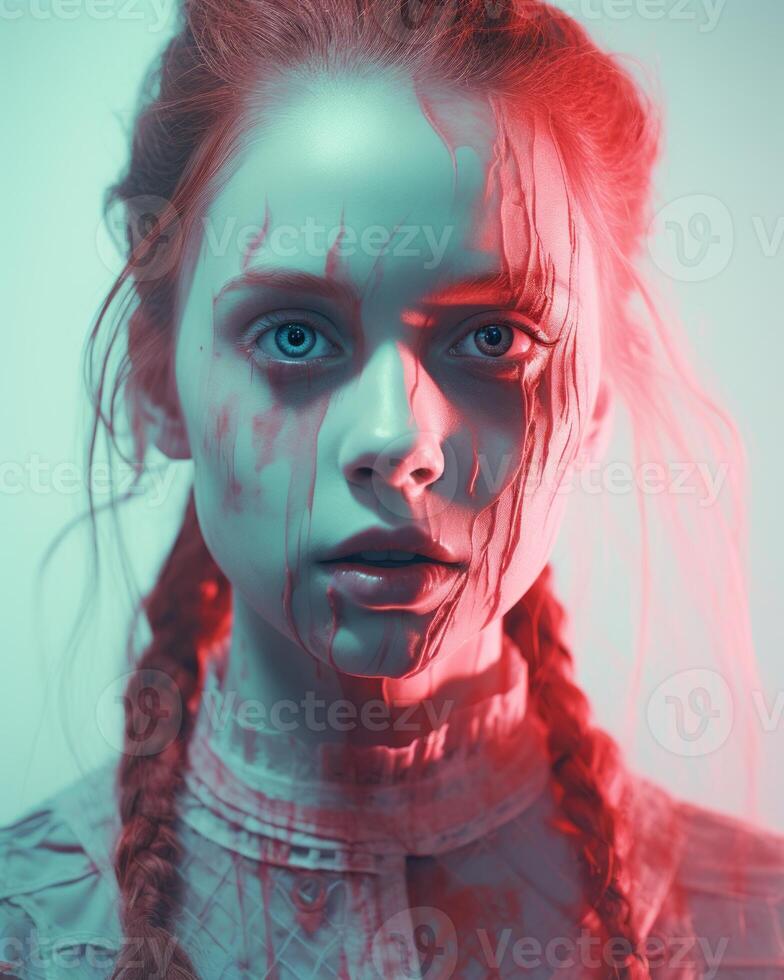 a woman with red blood on her face generative ai 32109776 Stock Photo
