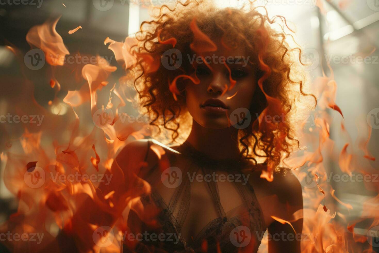 a woman with red curly hair is surrounded by flames generative ai photo