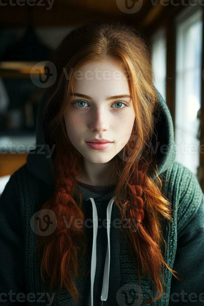 a woman with red hair and a green hoodie generative ai 32109838 Stock Photo at Vecteezy