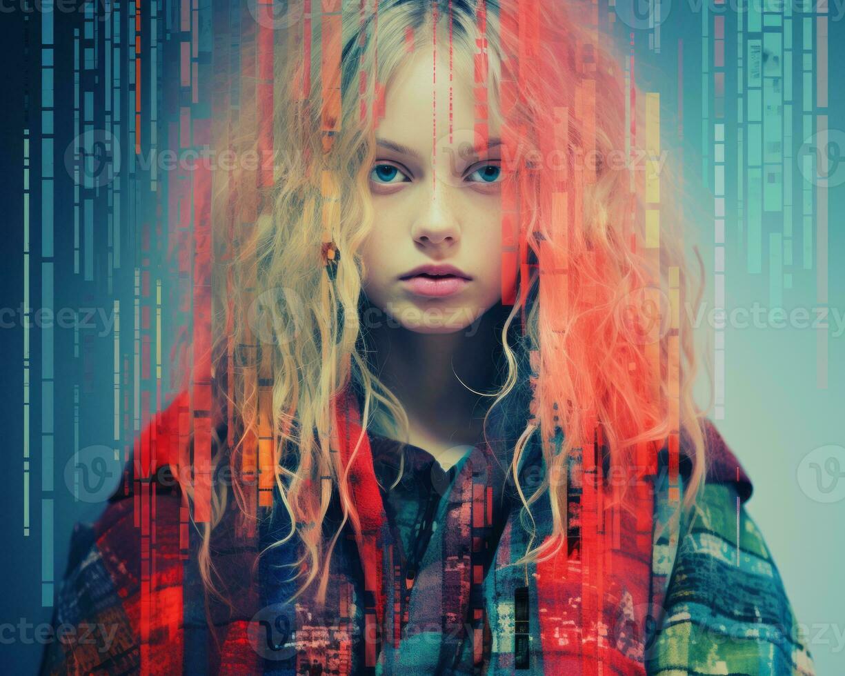 a woman with red hair and a scarf is standing in front of a computer screen generative ai photo