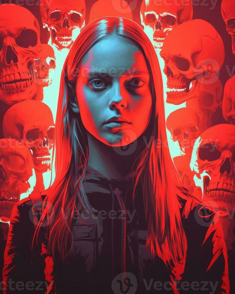 a woman with red hair and a skull in front of her generative ai photo