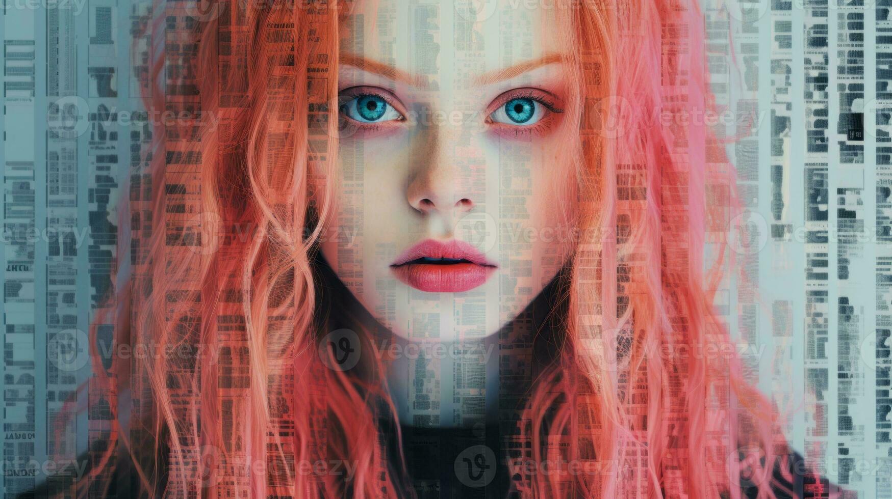 a woman with red hair and blue eyes in front of a computer screen generative ai photo