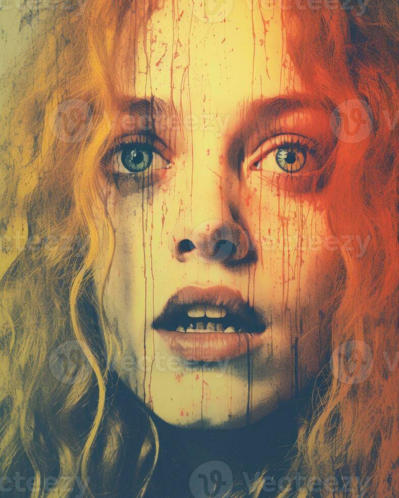 a woman with red hair and blue eyes is staring into the camera generative ai photo