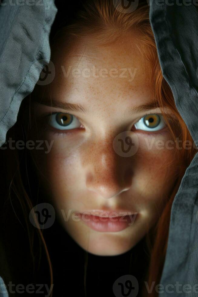 a woman with red hair and blue eyes is looking at the camera generative ai photo