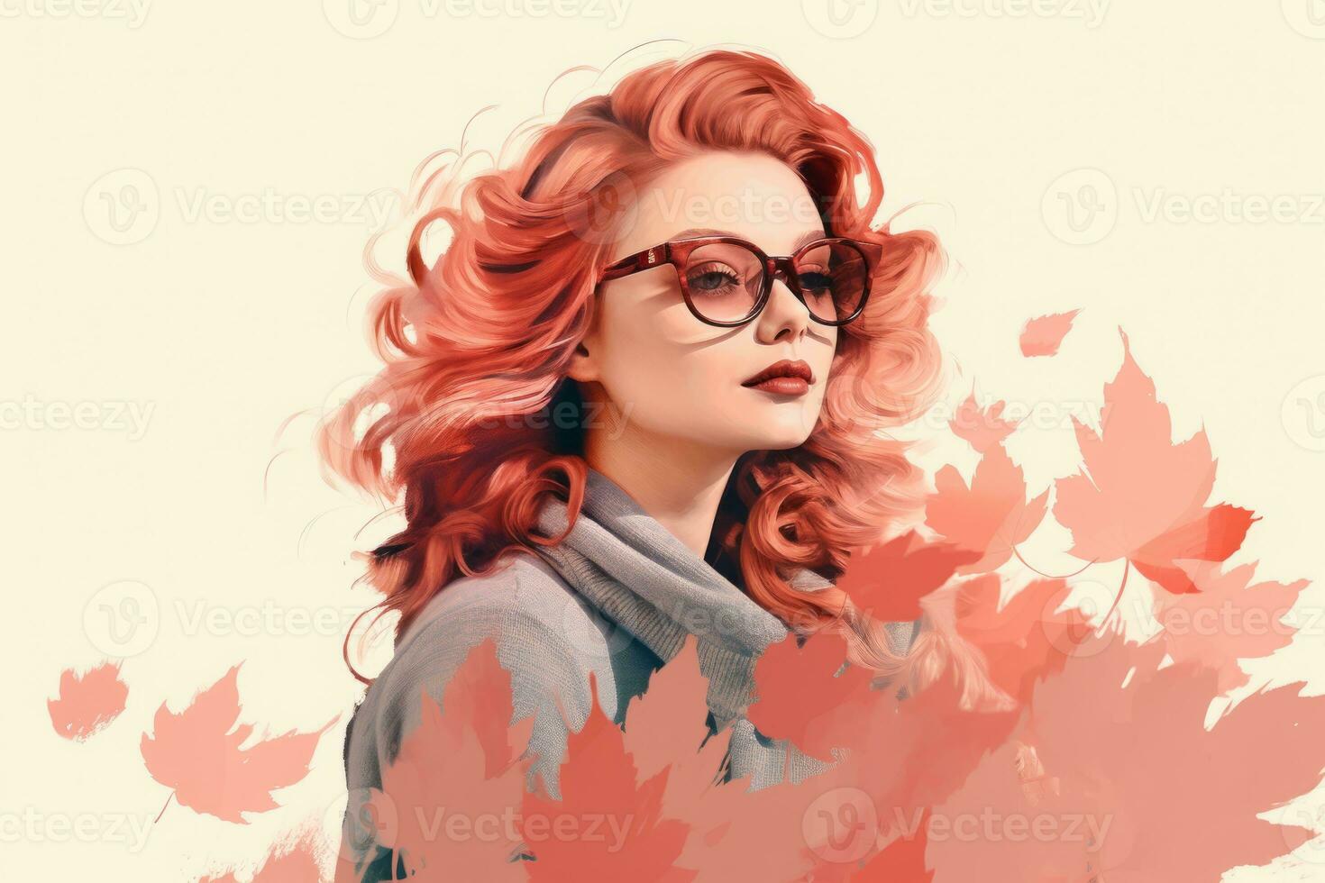a woman with red hair and glasses is surrounded by autumn leaves generative ai photo