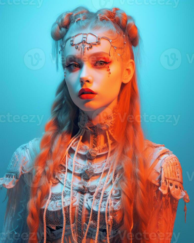 a woman with red hair and makeup on a blue background generative ai photo