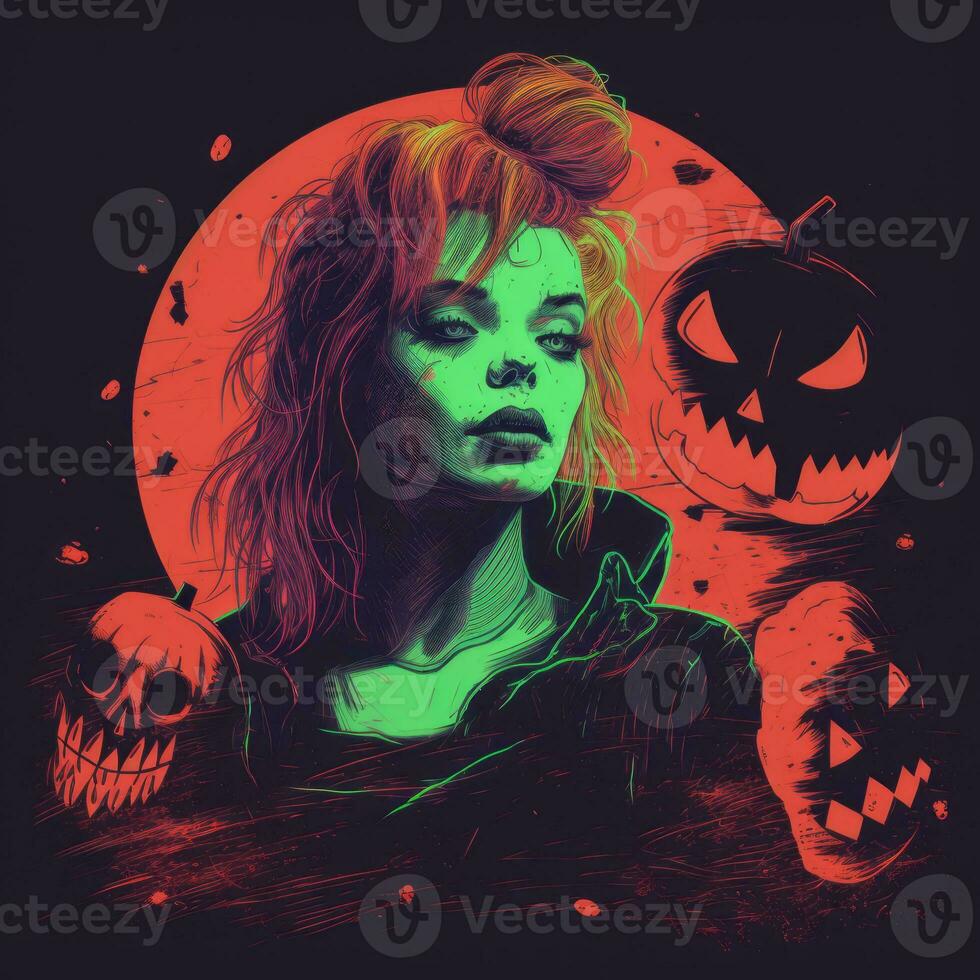 a woman with red hair and pumpkins on her face generative ai photo