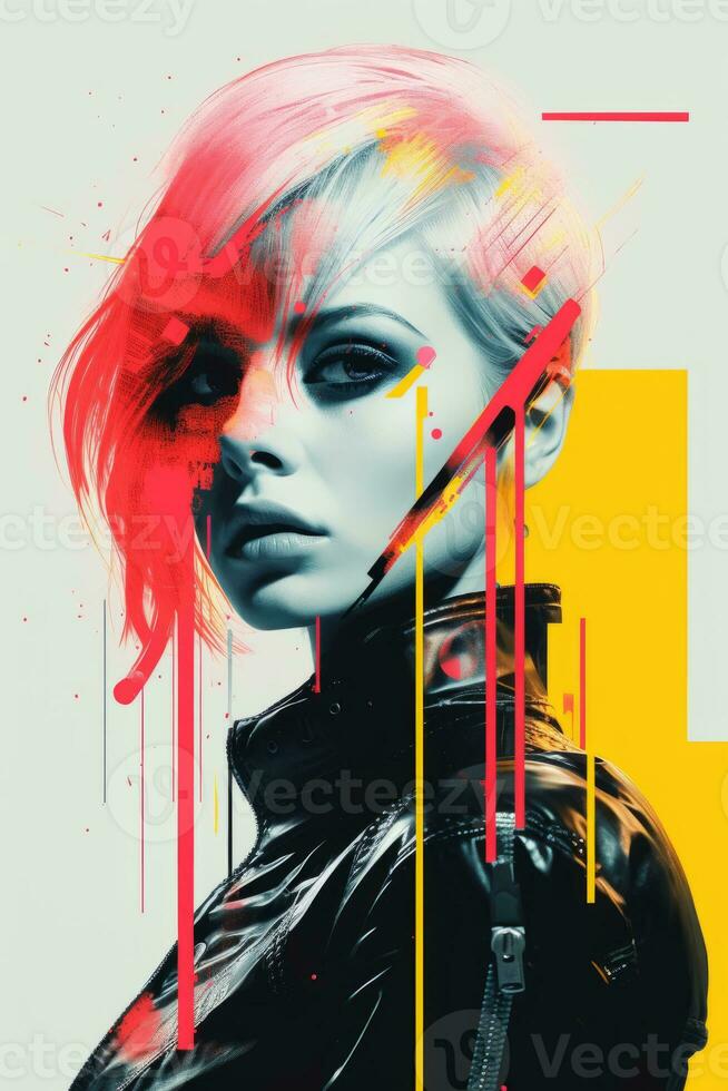 a woman with red hair and pink hair in a black jacket generative ai photo