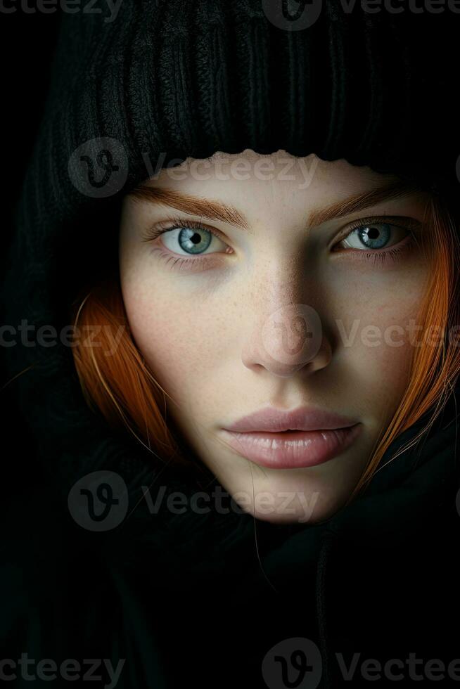 a woman with red hair in a black hoodie generative ai photo
