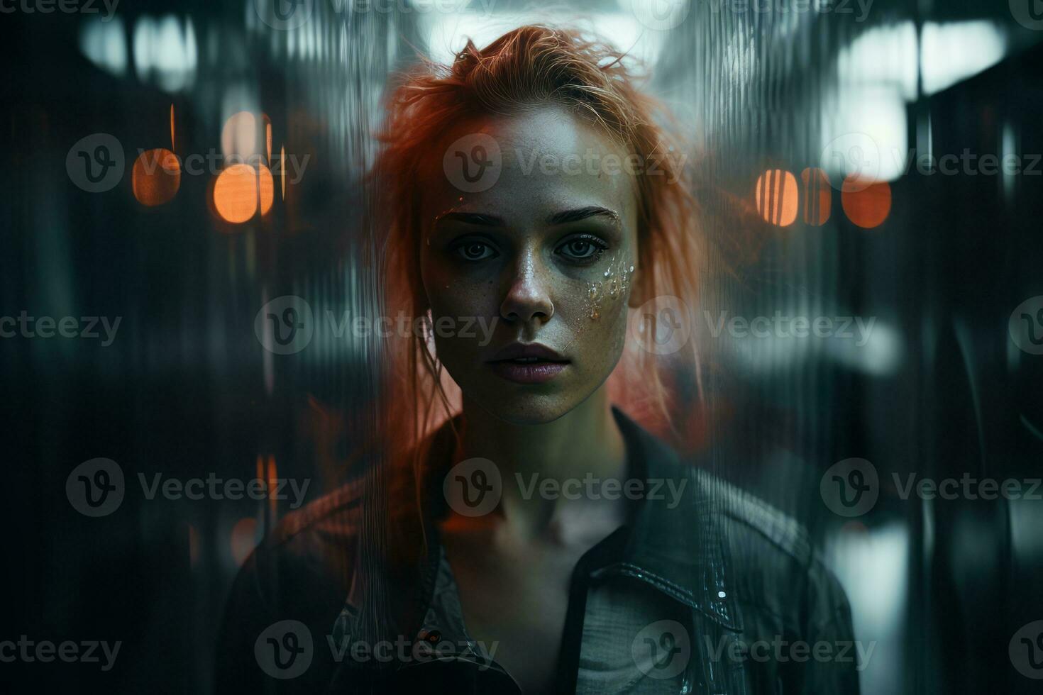 a woman with red hair in a dark room generative ai photo