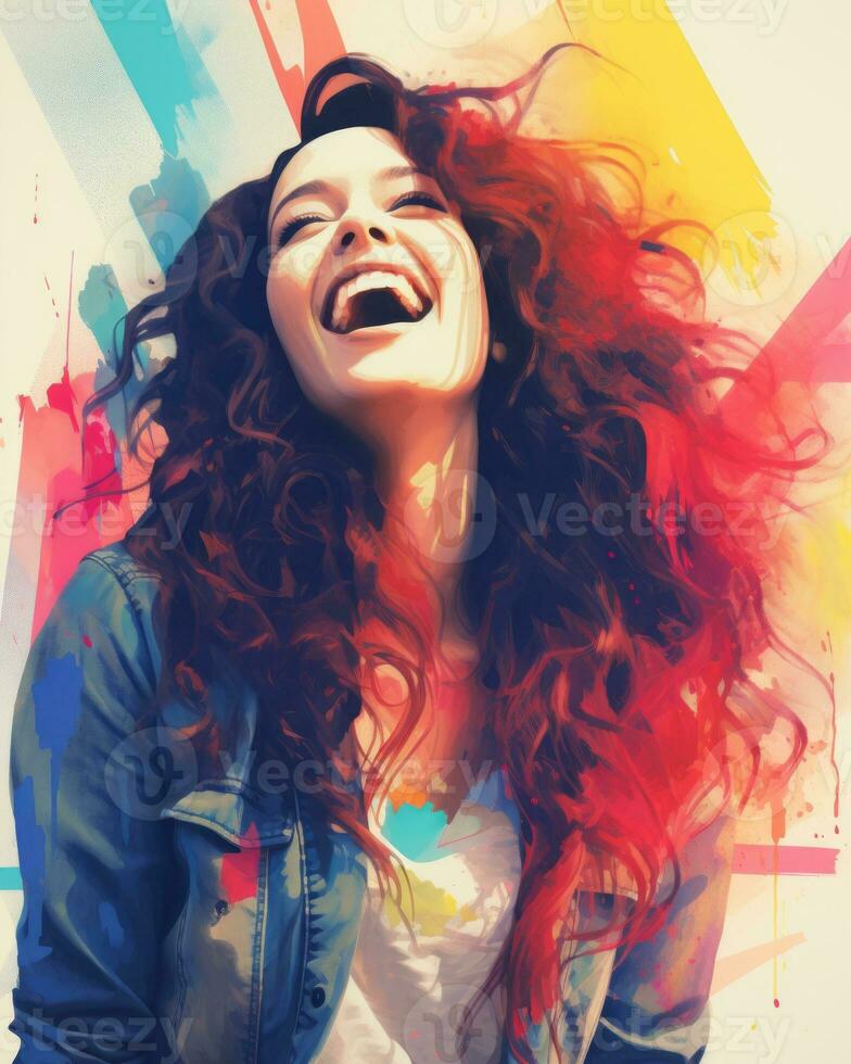 a woman with red hair is laughing in front of a colorful background generative ai photo