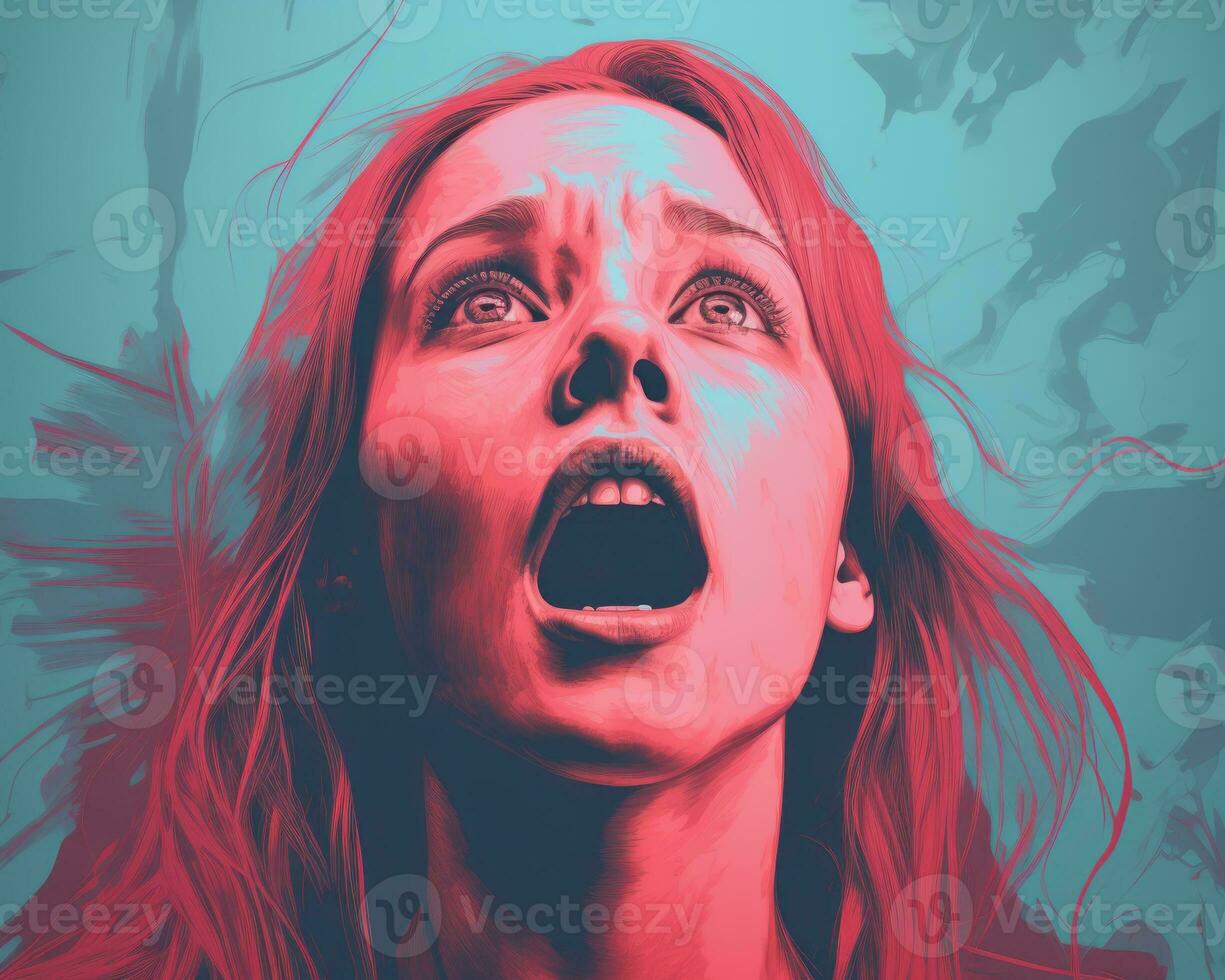 a woman with red hair is screaming in front of a blue background generative ai photo