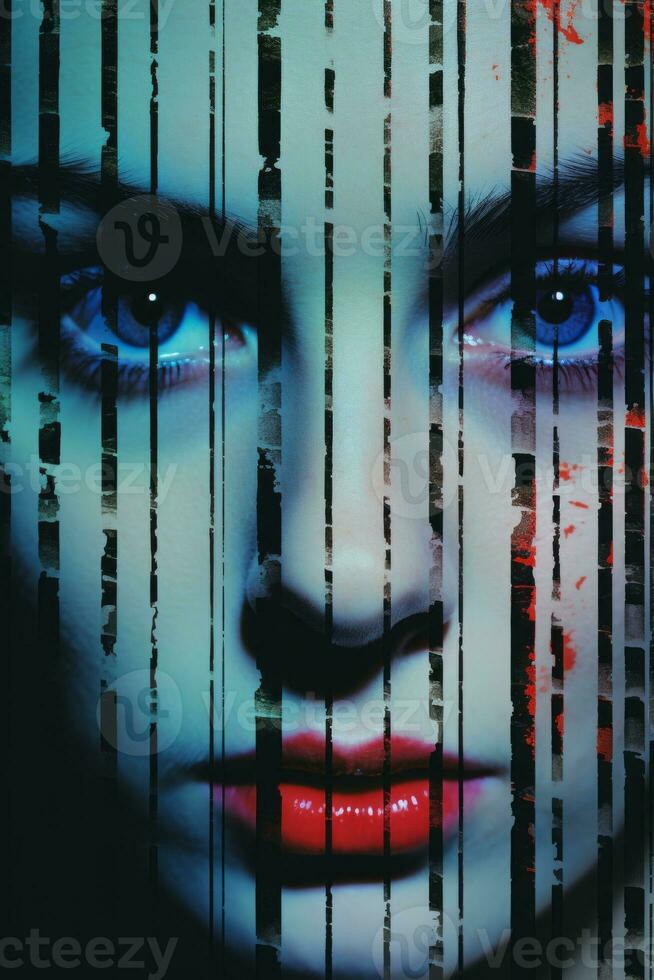 a woman with red lipstick and blue eyes is in front of bars generative ai photo