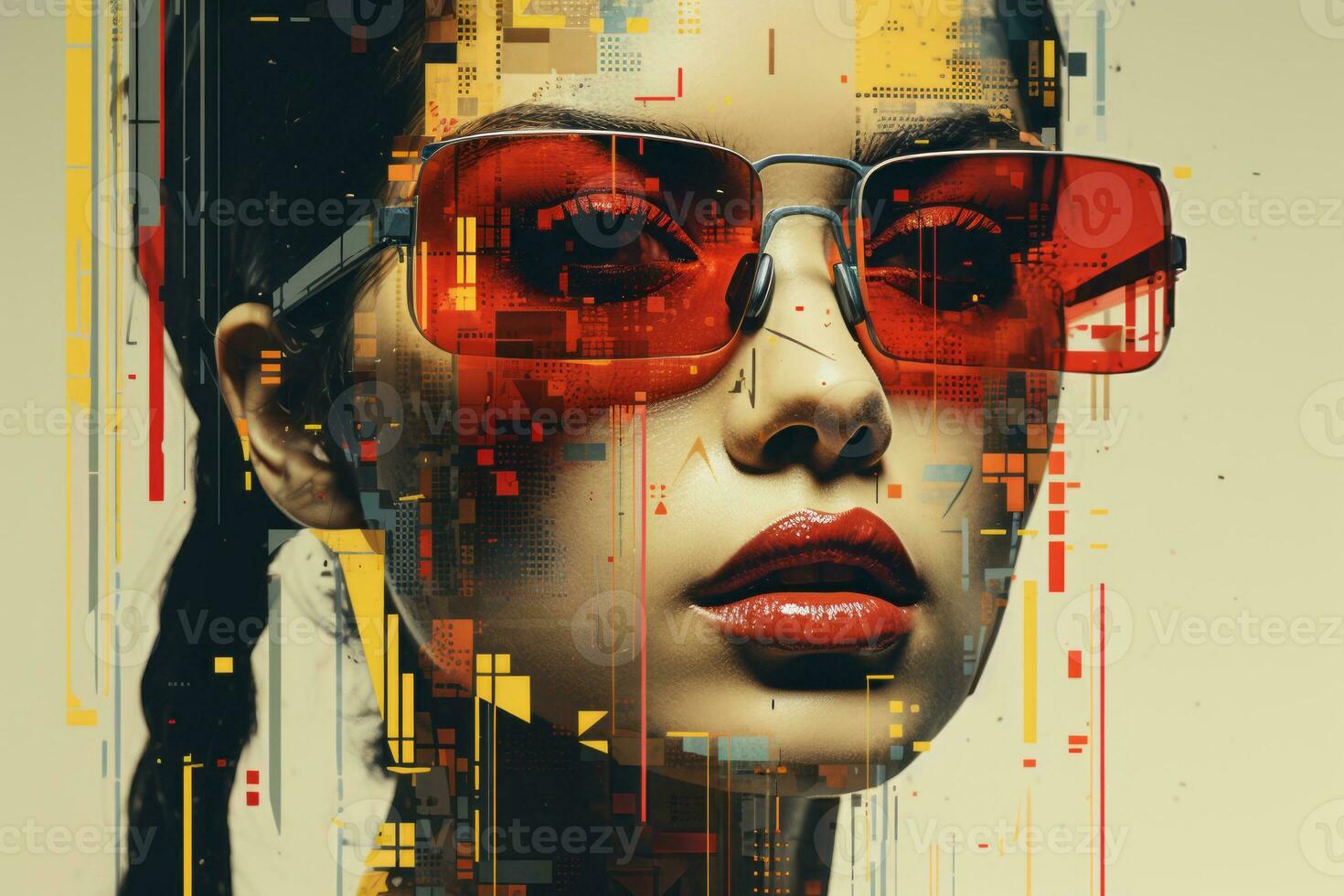 a woman with red sunglasses and an abstract background generative ai photo