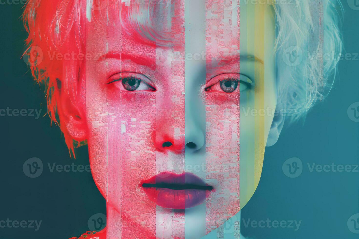 a woman with short hair and a red and blue face generative ai photo
