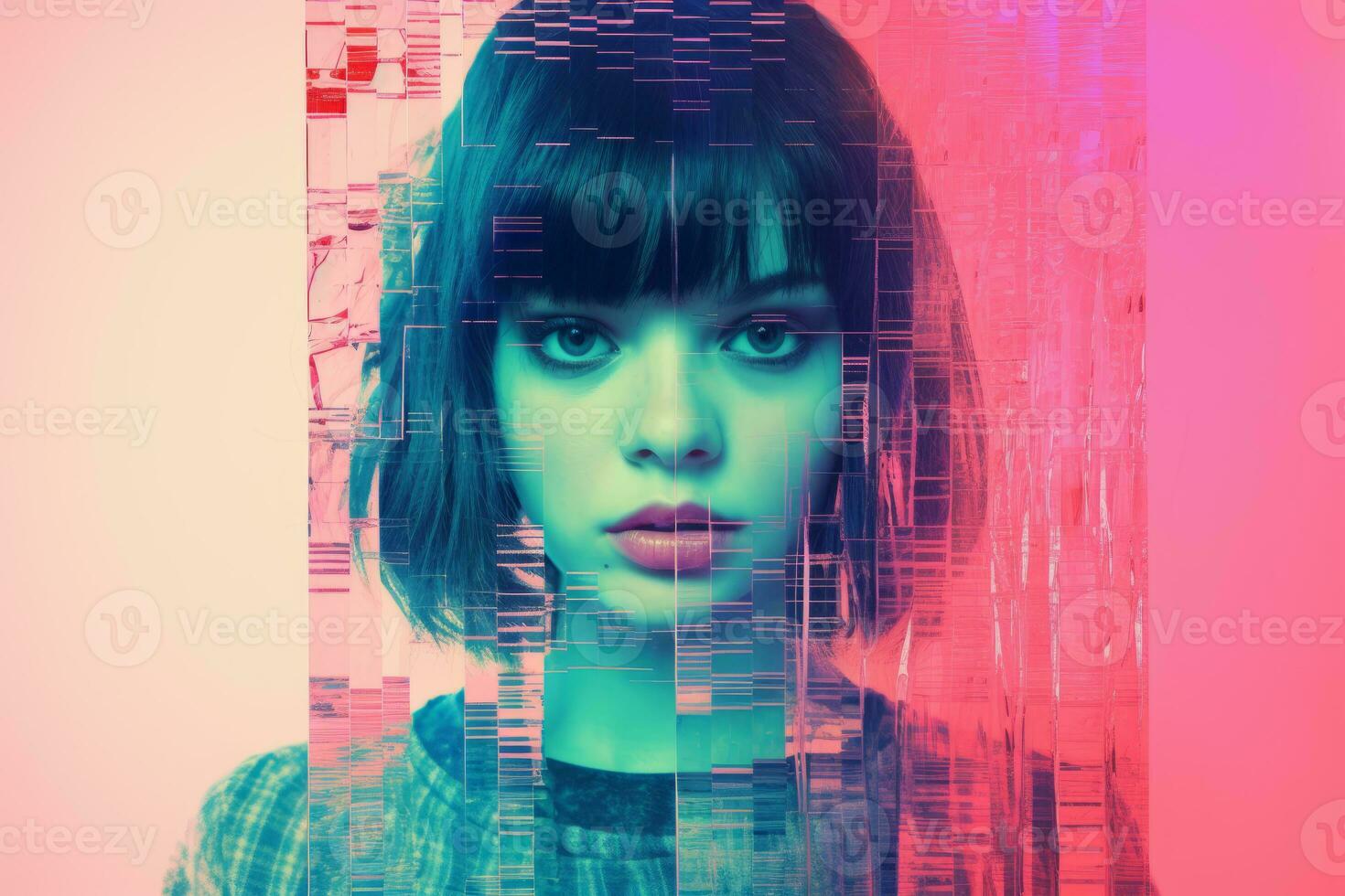 a woman with short hair in front of a pink and blue background generative ai photo