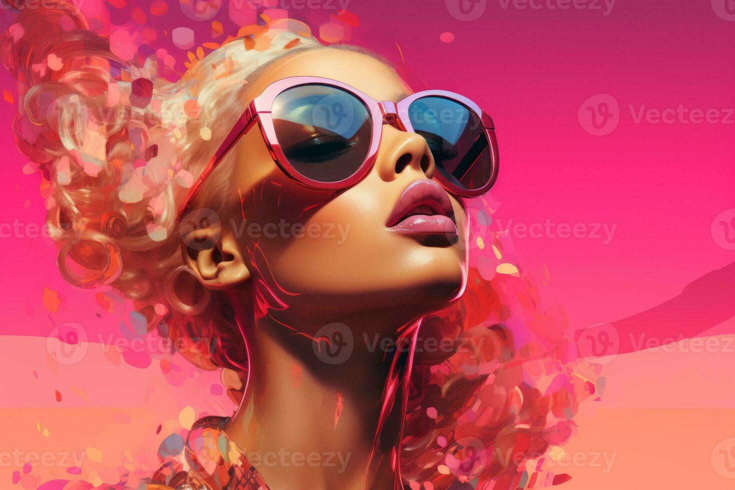 a woman with sunglasses and pink hair in front of a pink background generative ai photo
