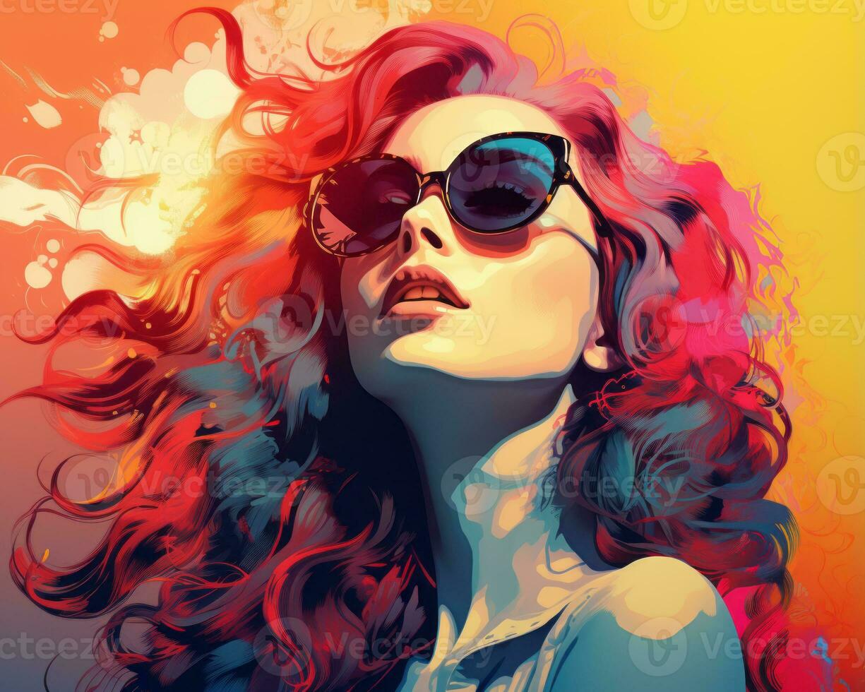 a woman with sunglasses and long hair in a colorful background generative ai photo