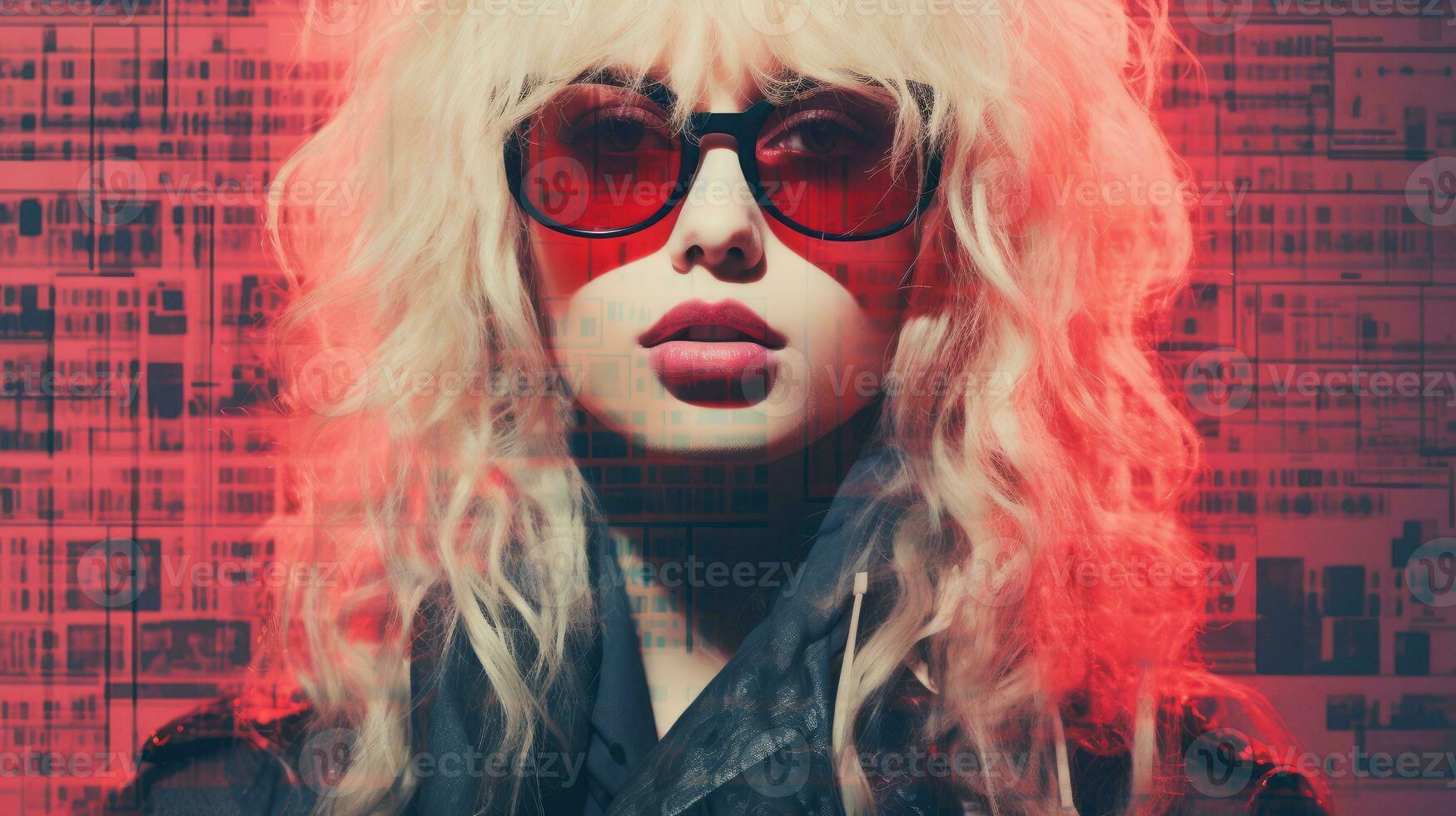 a woman with sunglasses and red hair in front of a computer screen generative ai photo