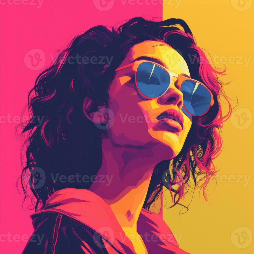 a woman with sunglasses on a colorful background generative ai photo