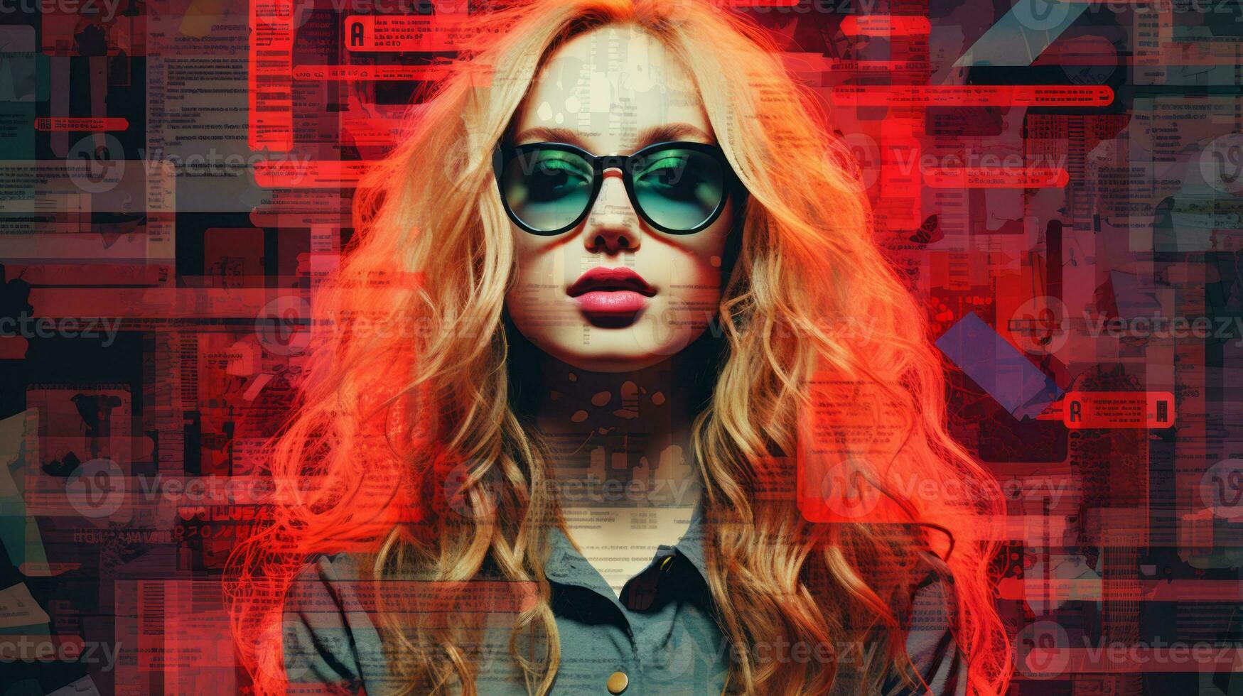 un mujer con Gafas de sol y rojo pelo en frente de un computadora
