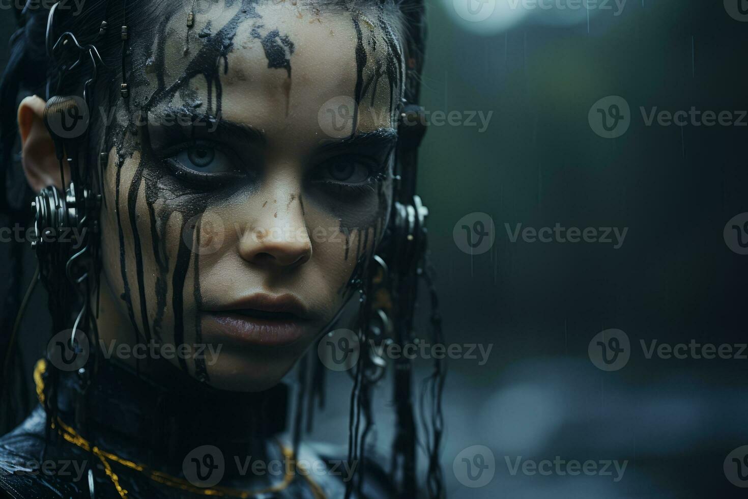 a woman with wet hair and makeup in the rain generative ai photo
