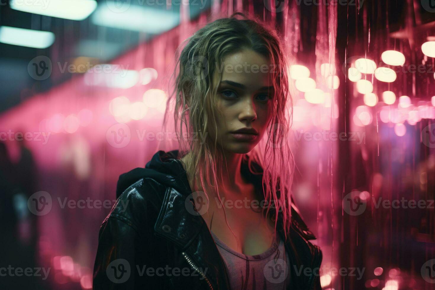 a woman with wet hair standing in front of pink lights generative ai photo